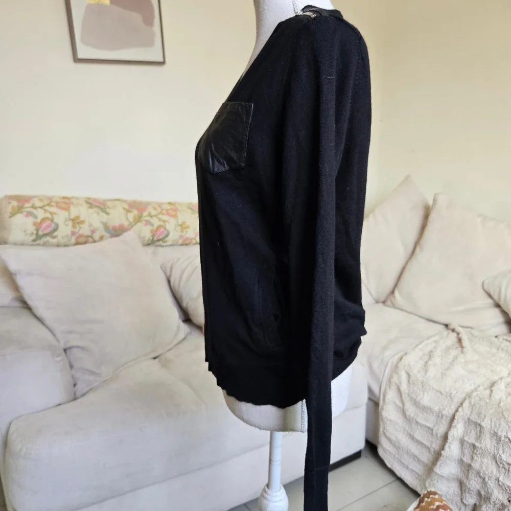 The Kooples Black Merino Wool V Neck Sweater with‎ Leather Pocket - Small